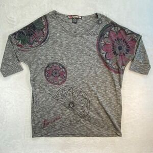 Desigual Graphic T-Shirt Floral‎ Print 3/4 Sleeve Top Heather Gray L